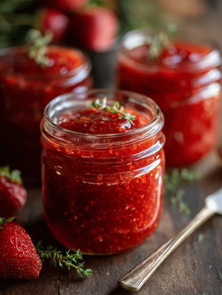 Homemade strawberry rhubarb jam recipe in glass jars