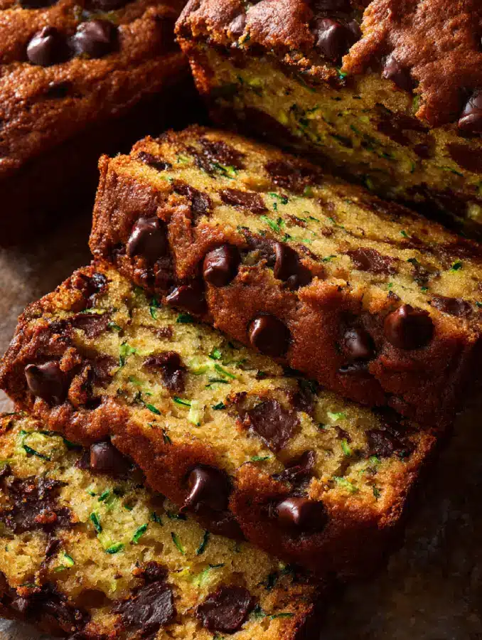 Slice of zucchini bread showing melted chocolate chips inside