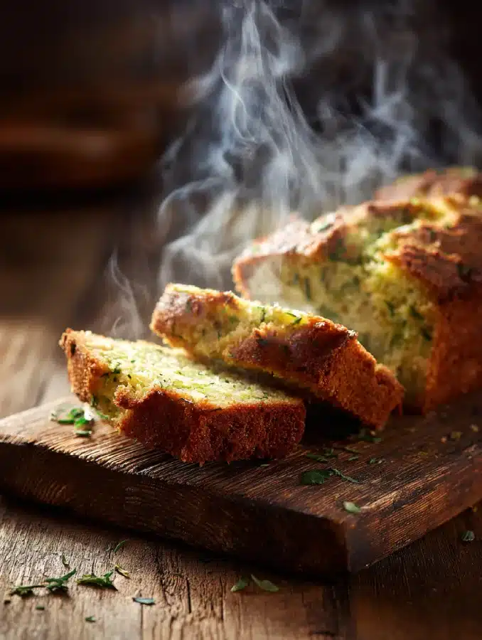 Close-up of moist zucchini bread with nuts