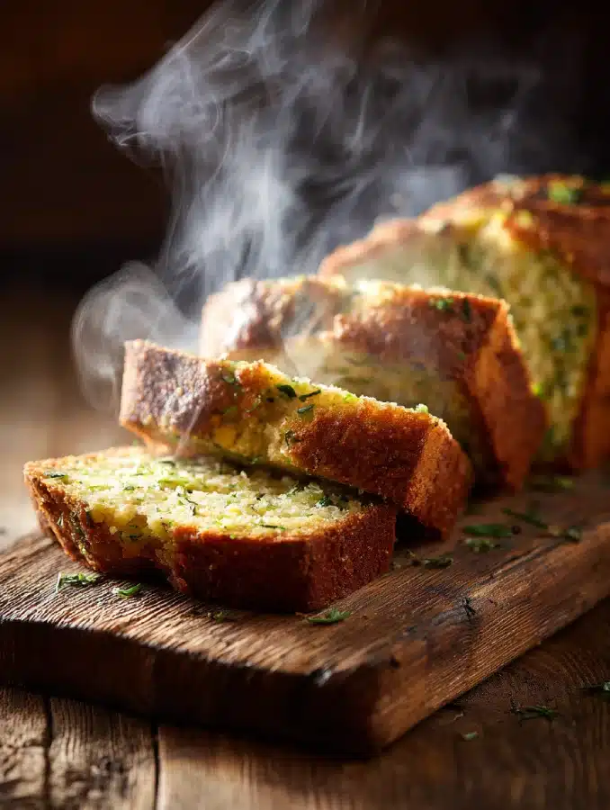 Sliced loaf of zucchini bread with visible shredded zucchini