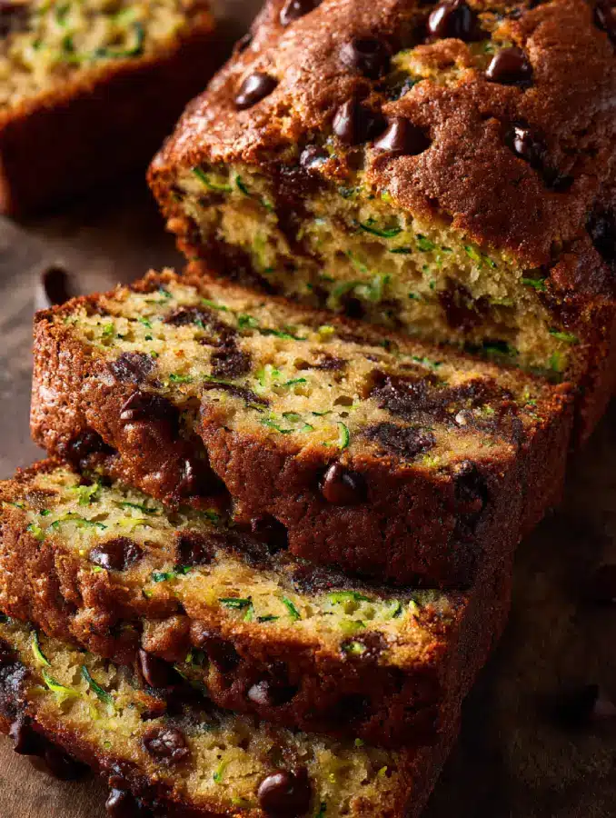 Fresh loaf of zucchini chocolate chip bread on cooling rack