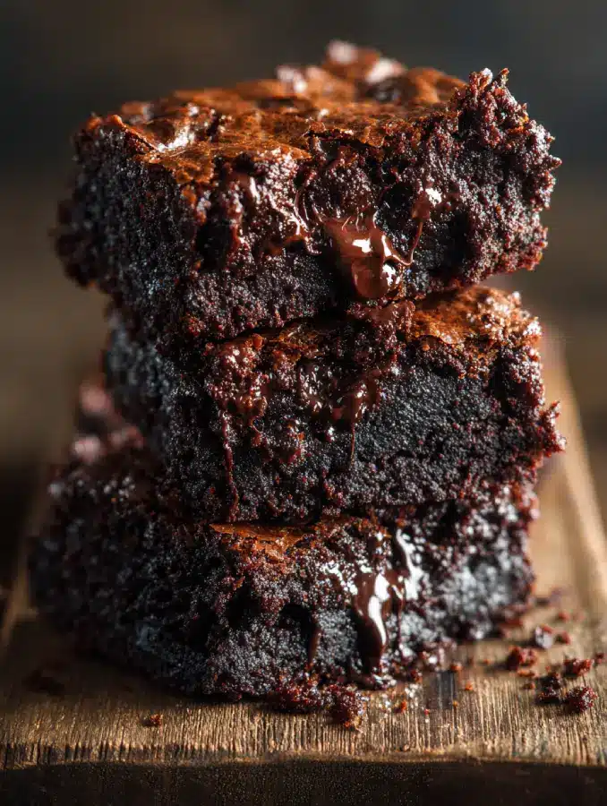 Stack of zucchini brownies with chocolate drizzle