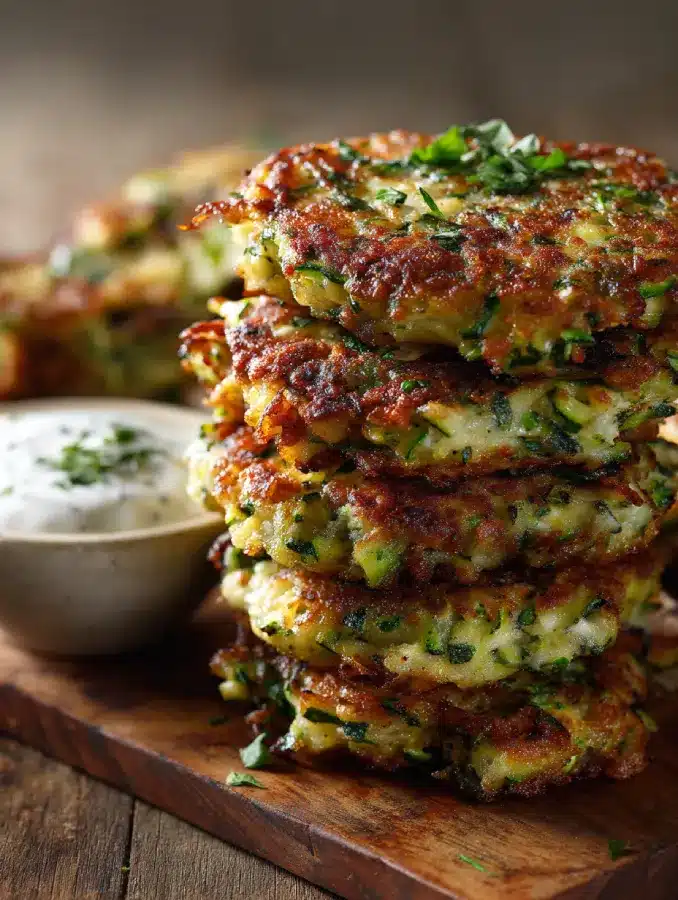 Zucchini fritters served on a platter with parsley garnish