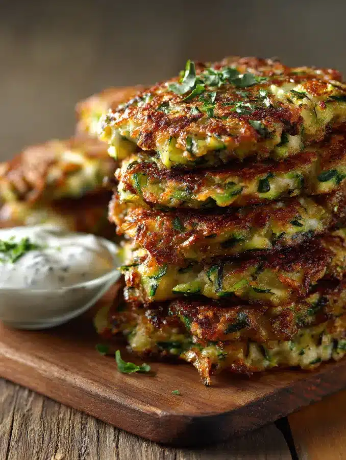Homemade zucchini fritters on a skillet with crispy edges