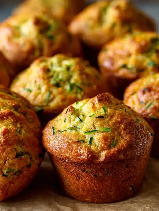 Zucchini muffins in white paper liners on a wooden table