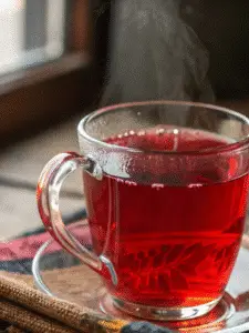 Hibiscus tea in clear glass cup by window with steam rising