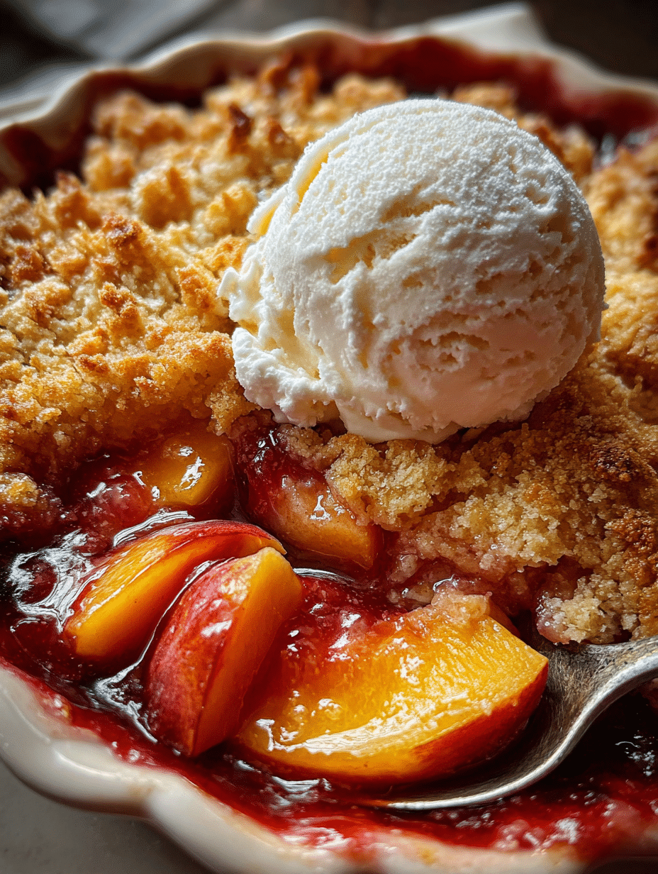 Peach cobbler recipe topped with vanilla ice cream in a rustic baking dish.