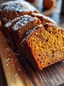 Pumpkin bread recipe with fresh slices dusted with powdered sugar