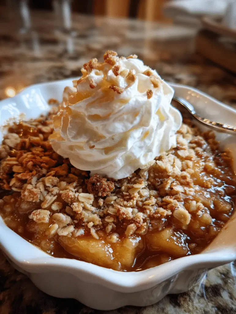 Warm apple crisp with golden crumble topping and whipped cream swirl.