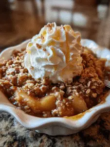 Apple crisp recipe homemade dessert topped with whipped cream and oats.