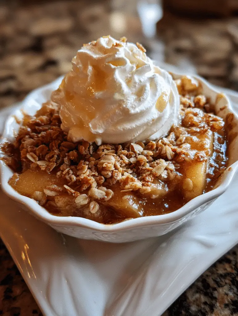 Close-up of baked apple crisp dessert with spiced oats and caramelized apples.