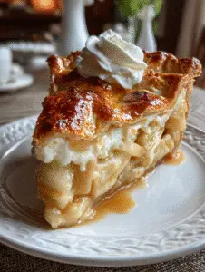 Apple pie recipe homemade dessert slice with flaky crust and whipped cream topping.