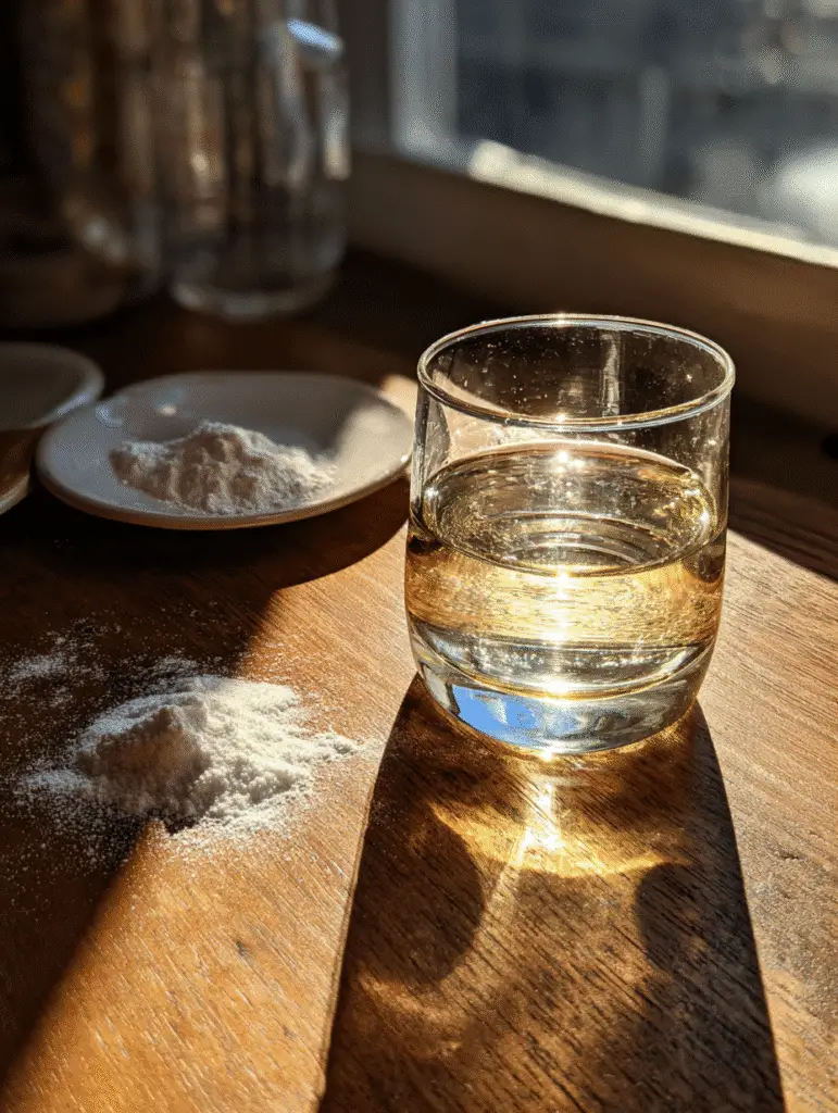 Baking soda trick with water and powder displayed in natural sunlight.