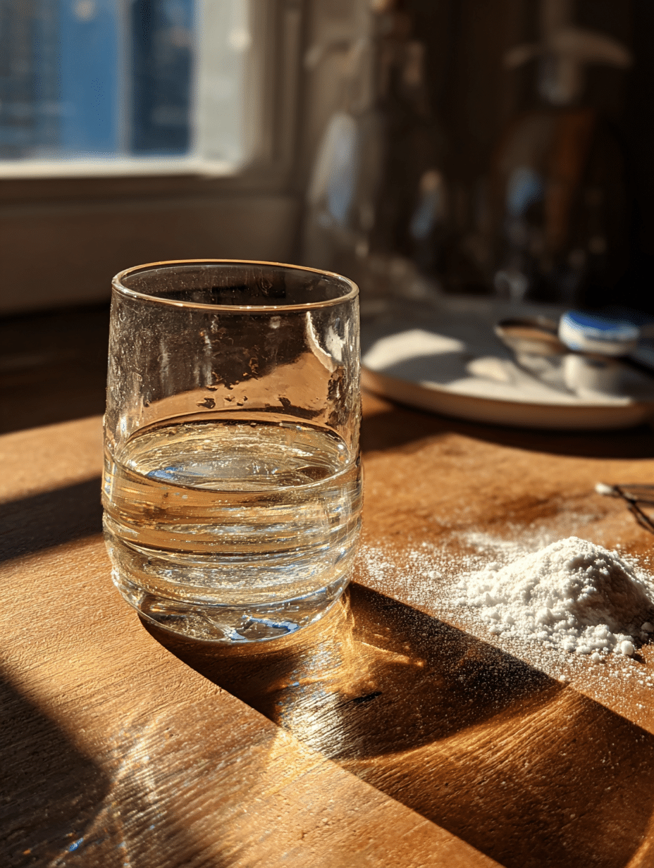Baking soda trick glass of water with baking soda powder on wooden table.