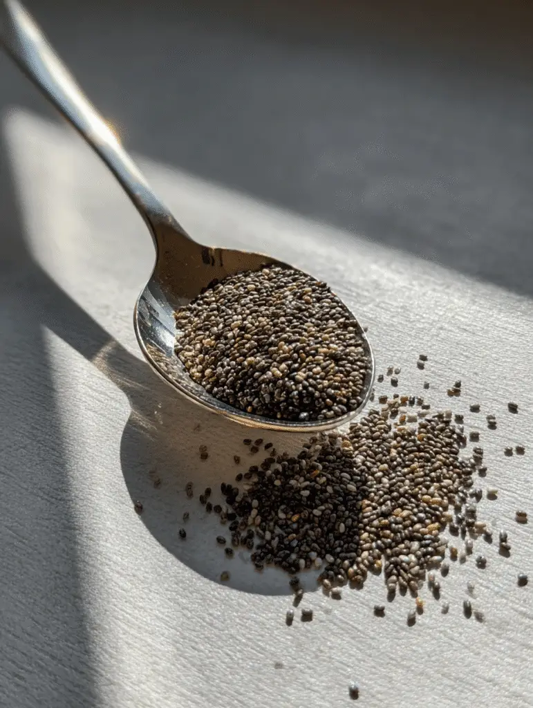 Chia Seeds Benefits Chia seeds benefits highlighted with raw seeds on a spoon