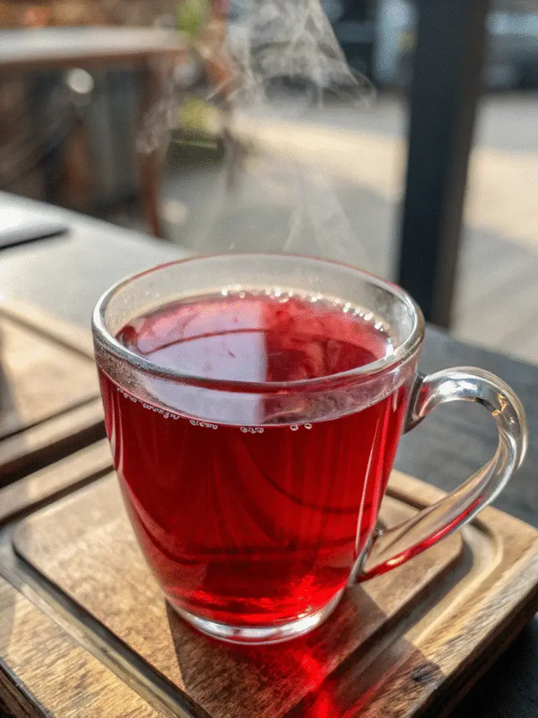 Hibiscus Tea Benefits: What This Ancient Brew Can Do for You Hibiscus tea benefits in a clear glass cup with steam rising on a wooden table.