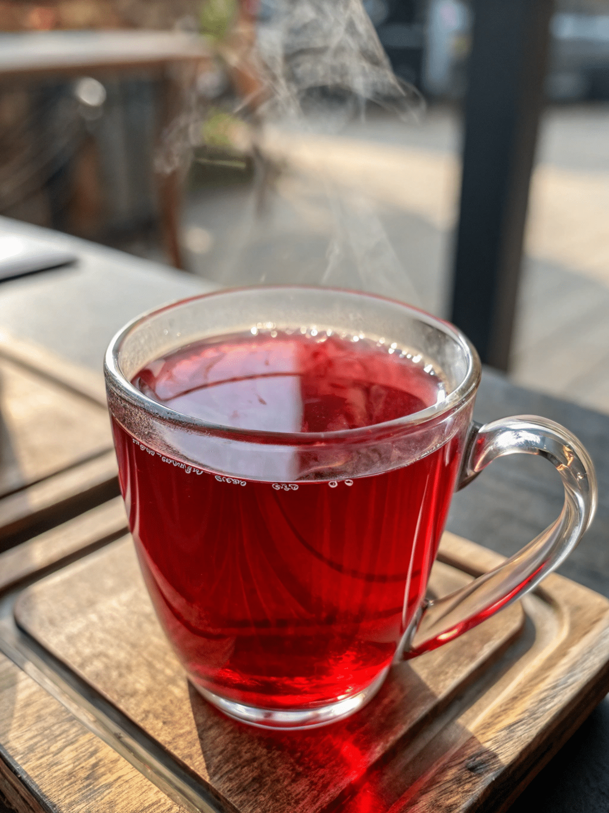 Hibiscus tea benefits in a clear glass cup with steam rising on a wooden table.