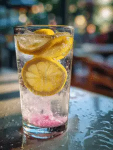 Ice water hack for weight loss with lemon slices and pink salt in a glass