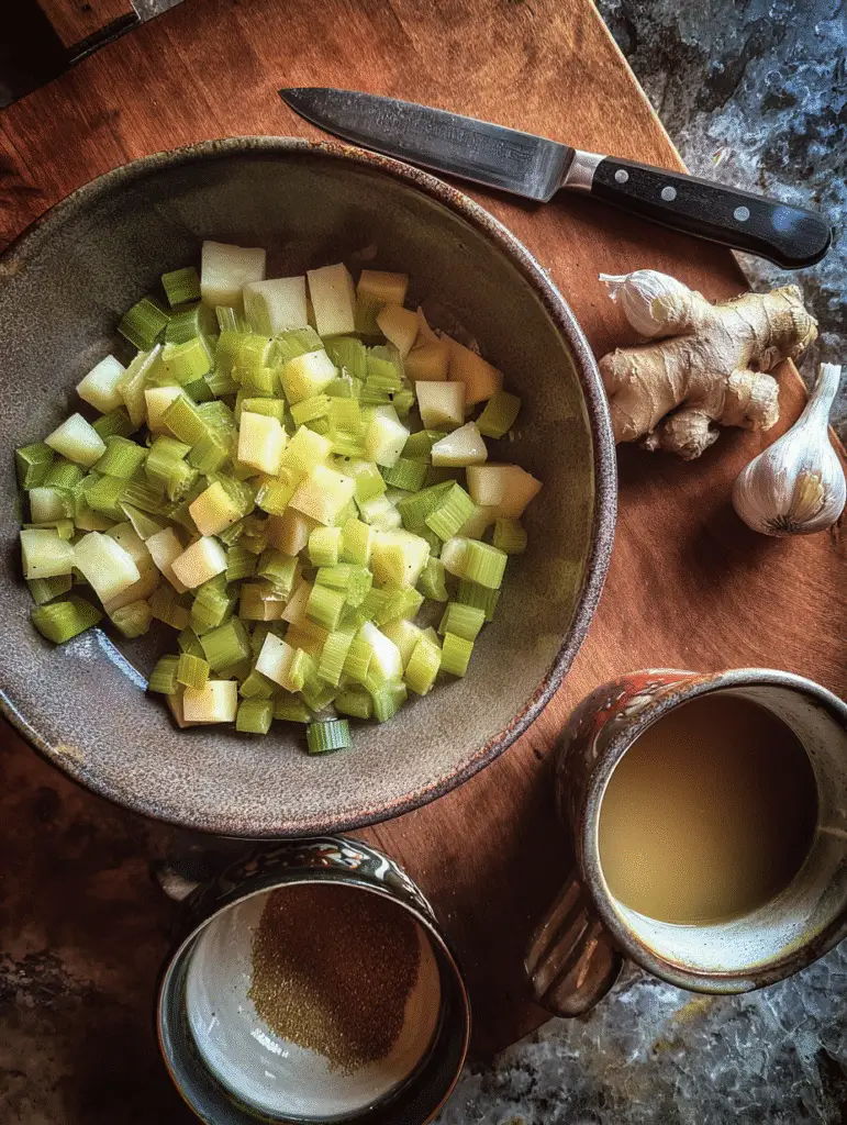 Leek and potato soup ingredients with chopped leeks, diced potatoes, garlic, ginger, and broth on wooden board.