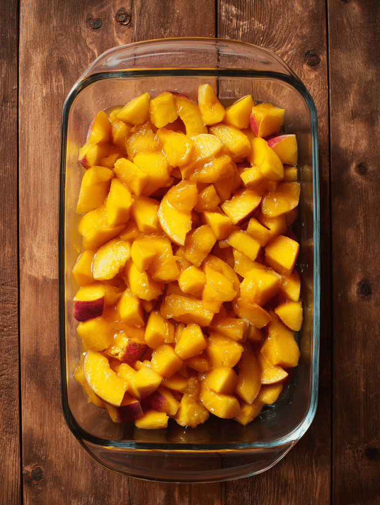 Peach Cobbler Recipe You’ll Want to Make All Summer Long Peach cobbler filling with fresh chopped peaches in glass baking dish on wooden table.