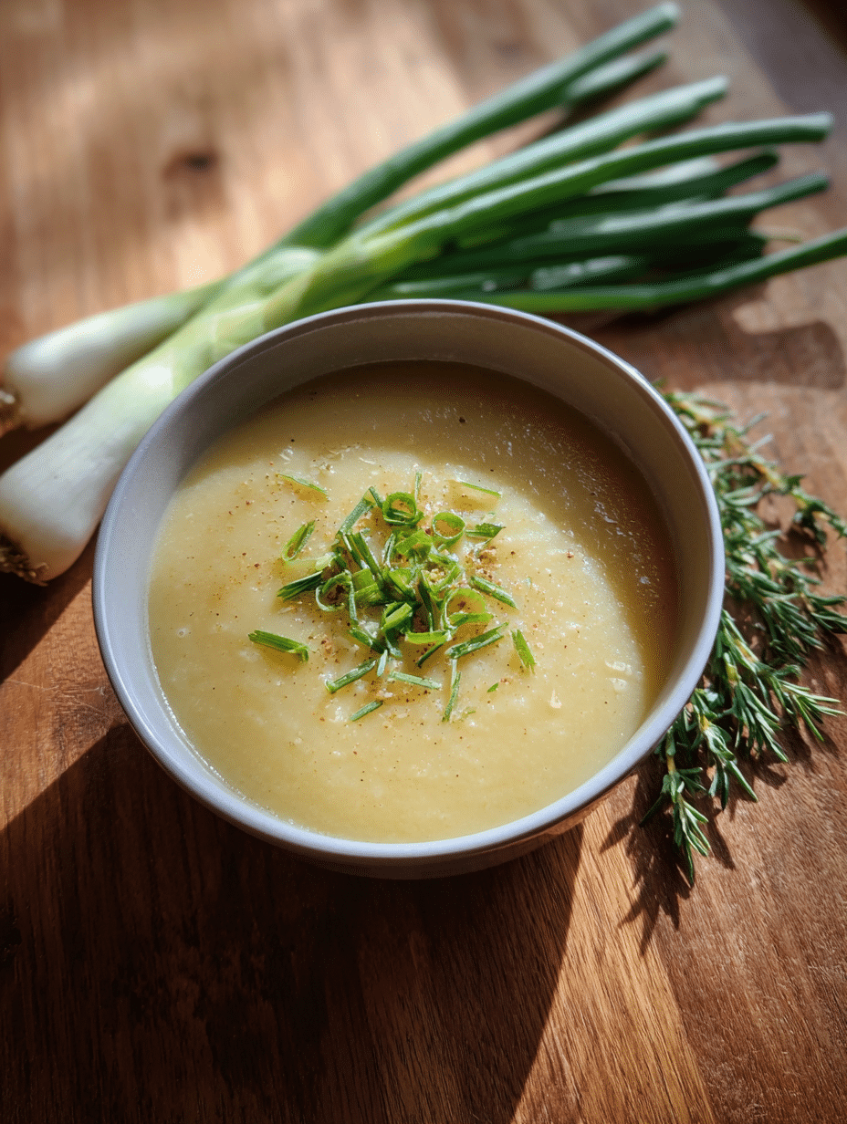 Creamy leek potato soup garnished with herbs in ceramic bowl, viewed from overhead.