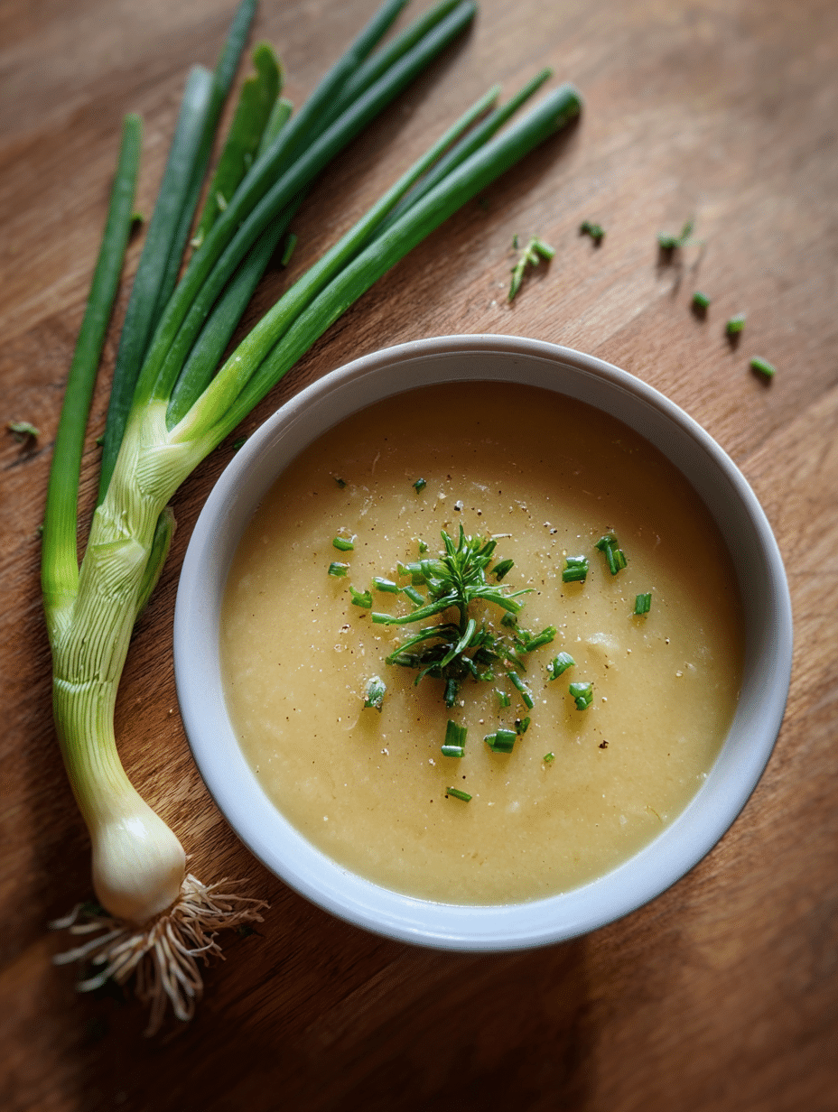 Leek and potato soup recipe in white bowl garnished with chopped chives and fresh herbs on wooden table.