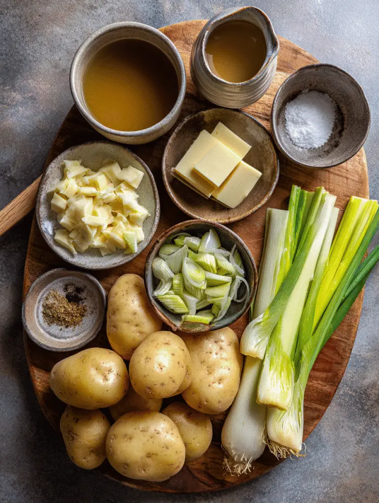Creamy potato soup ingredients with potatoes, butter, broth, and leeks on rustic board.