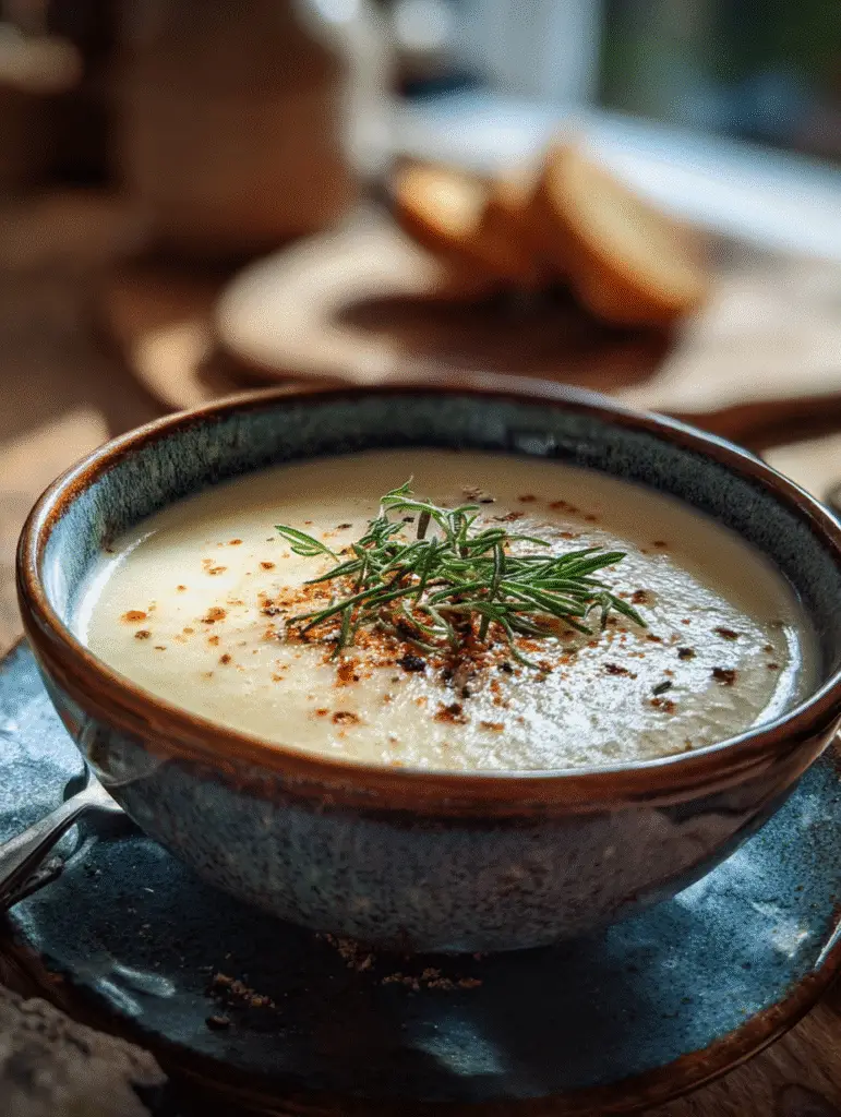 Potato soup recipe bowl with herbs and cracked pepper on rustic blue dish