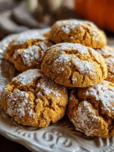 Pumpkin cookies homemade recipe dusted with powdered sugar on a plate.