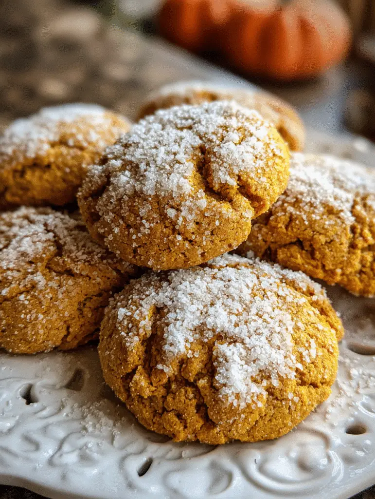 Close-up of pumpkin cookies with golden texture and sugar topping.
