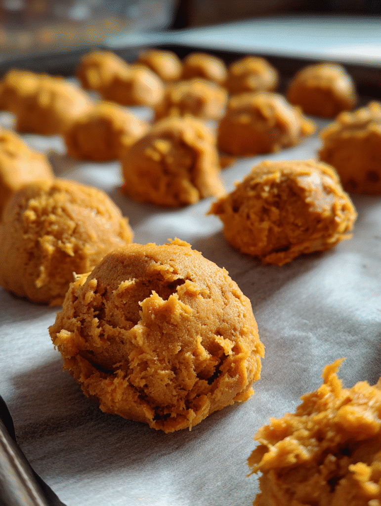 Pumpkin Cookies Recipe Pumpkin cookies dough scooped into round balls on parchment paper baking tray.