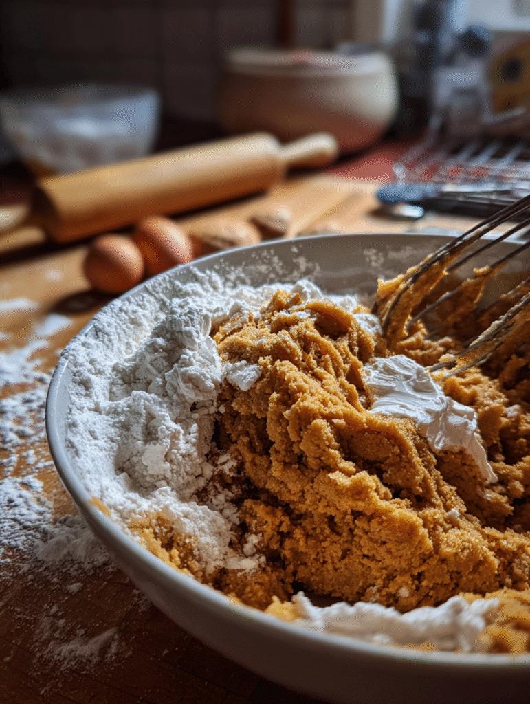 Pumpkin Cookies Recipe Pumpkin cookies dough being mixed with flour and sugar in a white bowl on rustic kitchen counter.