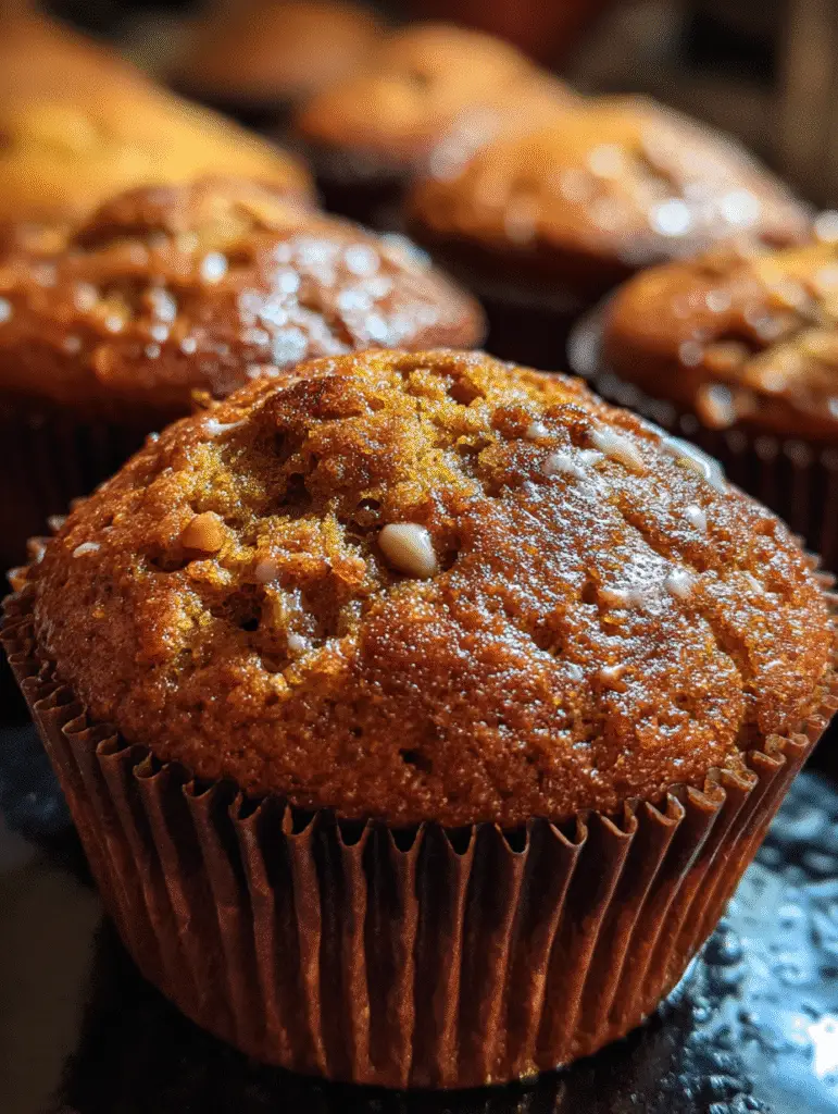 Close-up of freshly baked pumpkin muffins with crunchy sugar topping.