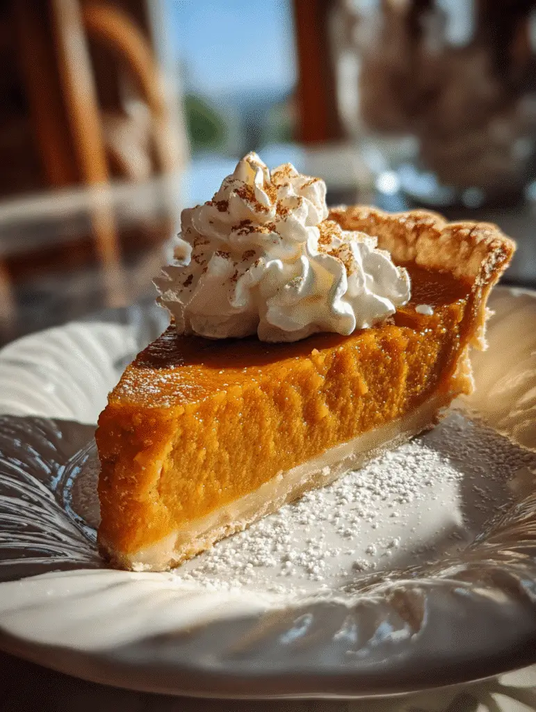Pumpkin pie homemade recipe slice topped with whipped cream and cinnamon.