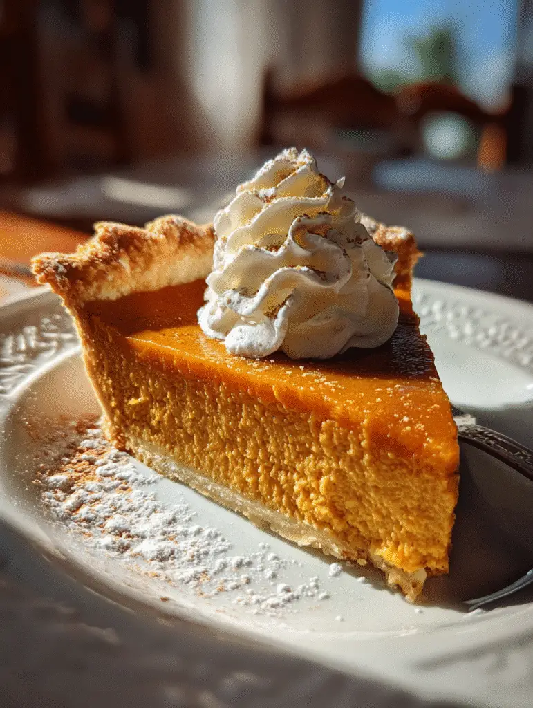 Close-up of pumpkin pie slice dusted with powdered sugar and whipped cream swirl.
