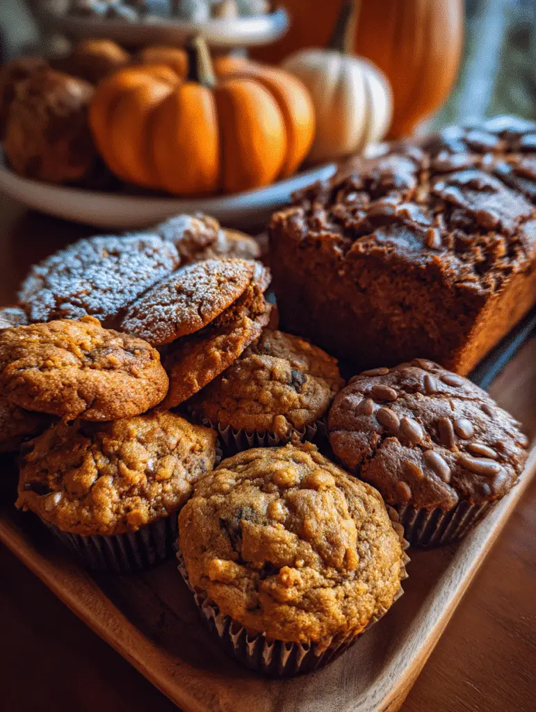 Freshly baked pumpkin bread, cookies, and muffins for cozy autumn baking ideas.