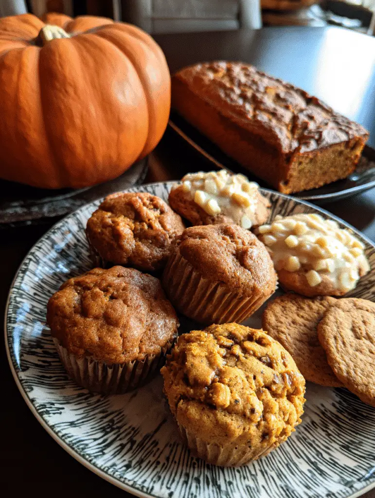 Homemade pumpkin desserts featuring moist bread, fluffy muffins, and sugar cookies.