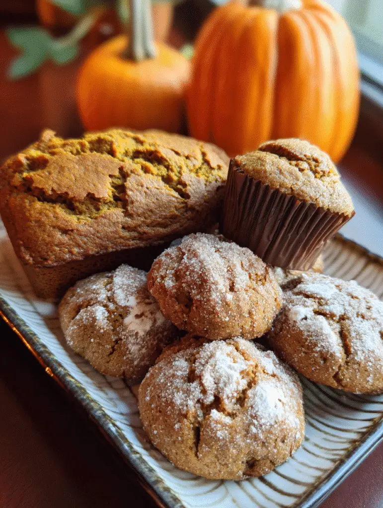 Rustic pumpkin baked goods on a platter with pumpkins in the background.