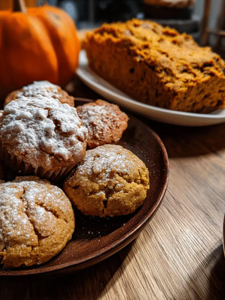 Pumpkin recipes bread muffins cookies served on a fall plate with sugar-dusted tops.