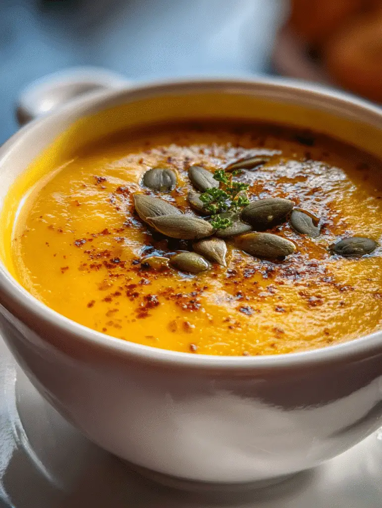 Creamy pumpkin soup garnished with roasted pepitas and herbs.