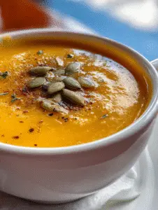 Pumpkin soup homemade recipe served in a white bowl with seeds and spices.
