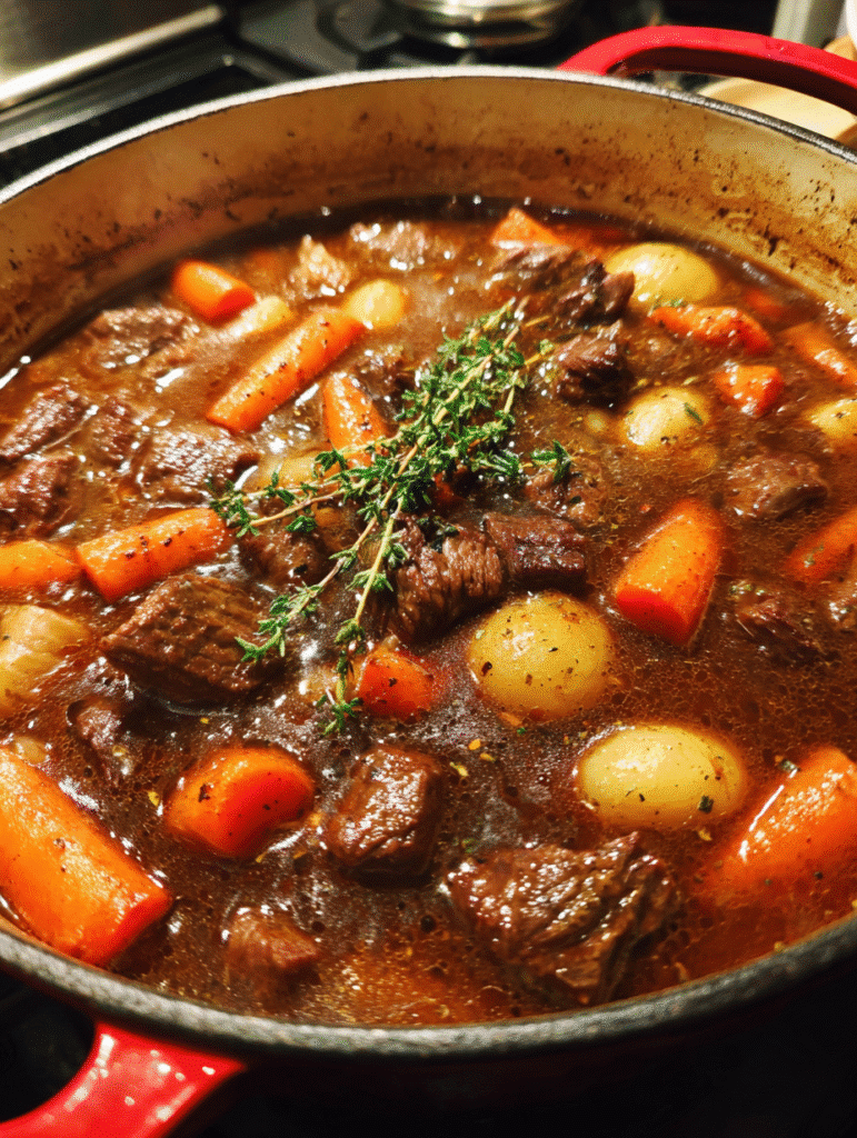 Beef Bourguignon Recipe Beef bourguignon simmering in Dutch oven