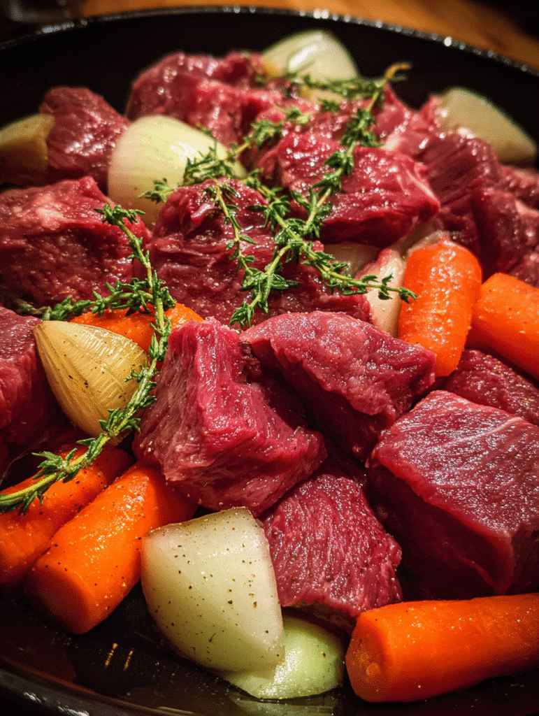 Browning beef for crockpot beef stew creates rich flavor before slow cooking