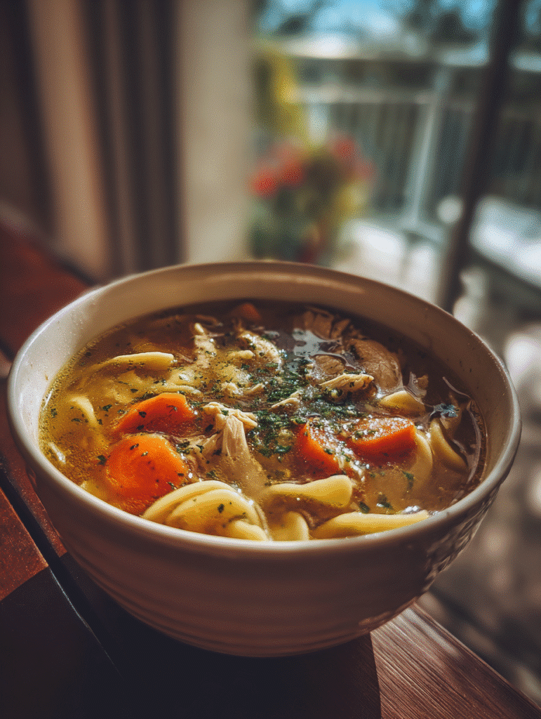 Chicken Noodle Soup recipe in a warm bowl with tender chicken, egg noodles, and fresh carrots on a wooden table near sunlight.