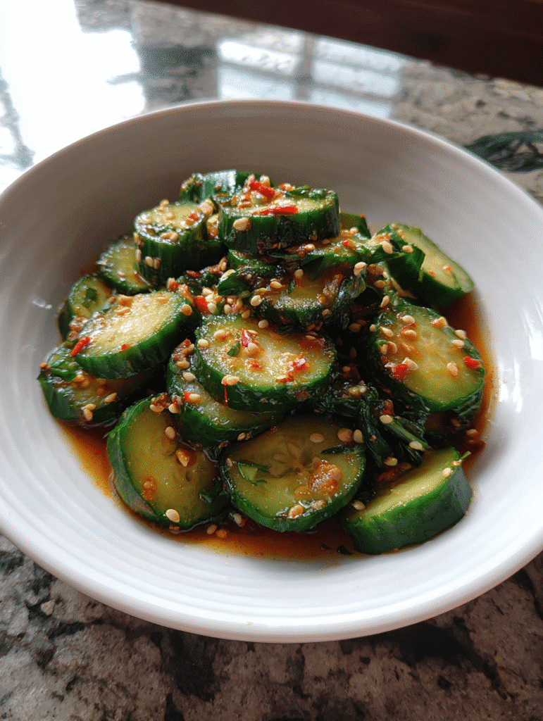 Cucumber Salad Recipe Cucumber salad recipe with sliced cucumbers, sesame seeds, and spicy Asian dressing in a white bowl.