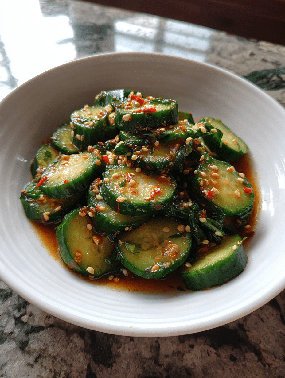 Cucumber salad recipe with sliced cucumbers, sesame seeds, and spicy Asian dressing in a white bowl.