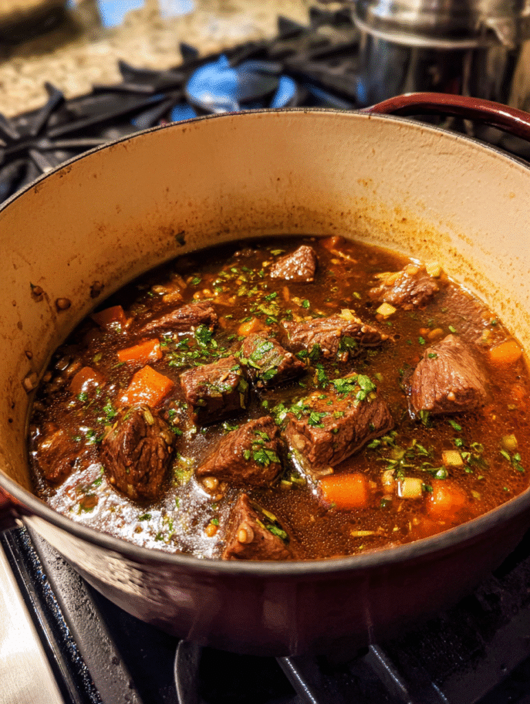 Beef Barley Soup Recipe Dutch oven on stovetop with beef chunks browning for beef barley soup recipe