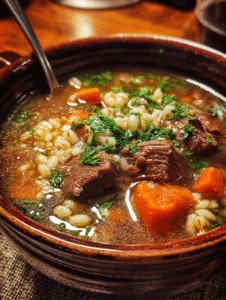 Beef Barley Soup recipe with tender beef chunks, carrots, and pearl barley in a rich homemade broth.