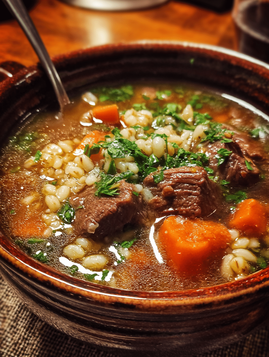 Beef Barley Soup Recipe Beef Barley Soup recipe with tender beef chunks, carrots, and pearl barley in a rich homemade broth.