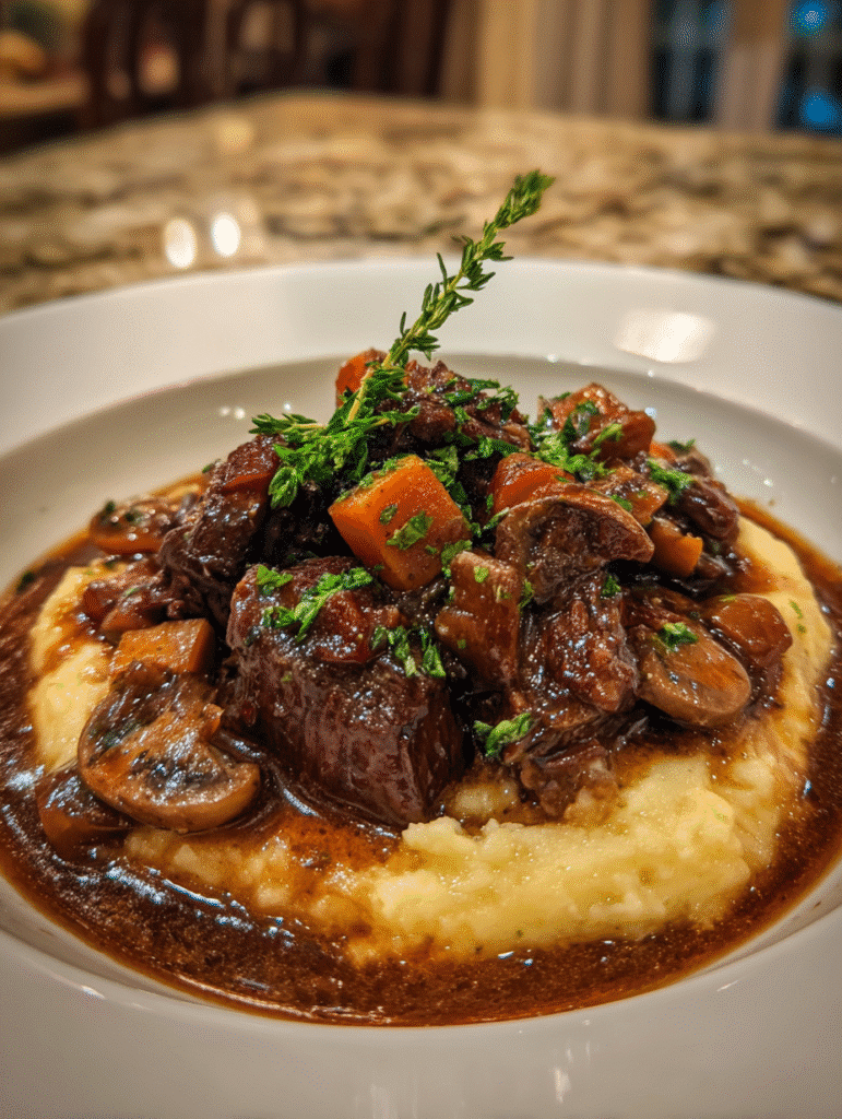 Beef Bourguignon Recipe Beef bourguignon with mushrooms and carrots over creamy mashed potatoes